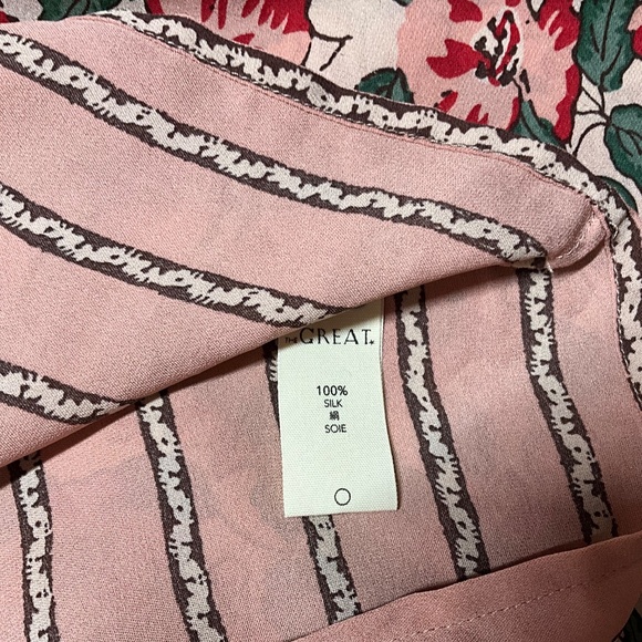 THE GREAT. 100% Silk Pink / Green Floral Mini Dress Button Back Sz 1 (Small) - Picture 6 of 8